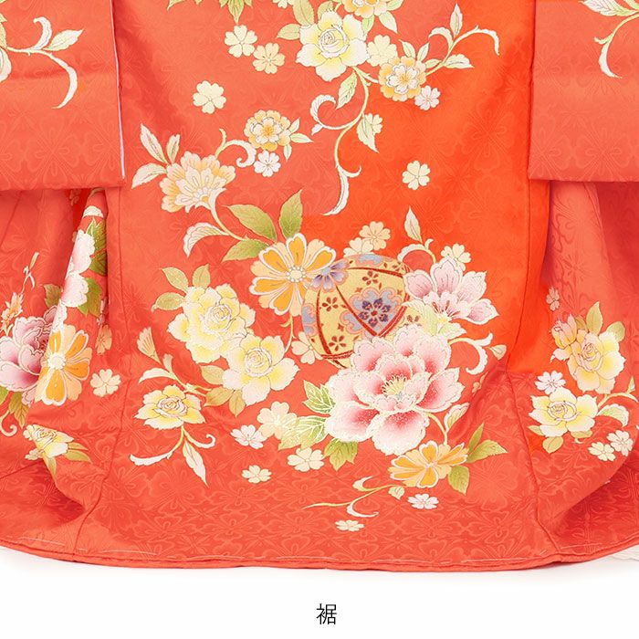 お宮参り 着物 女の子 産着 祝い着 オレンジ 橙 鞠 牡丹 唐草 正絹
