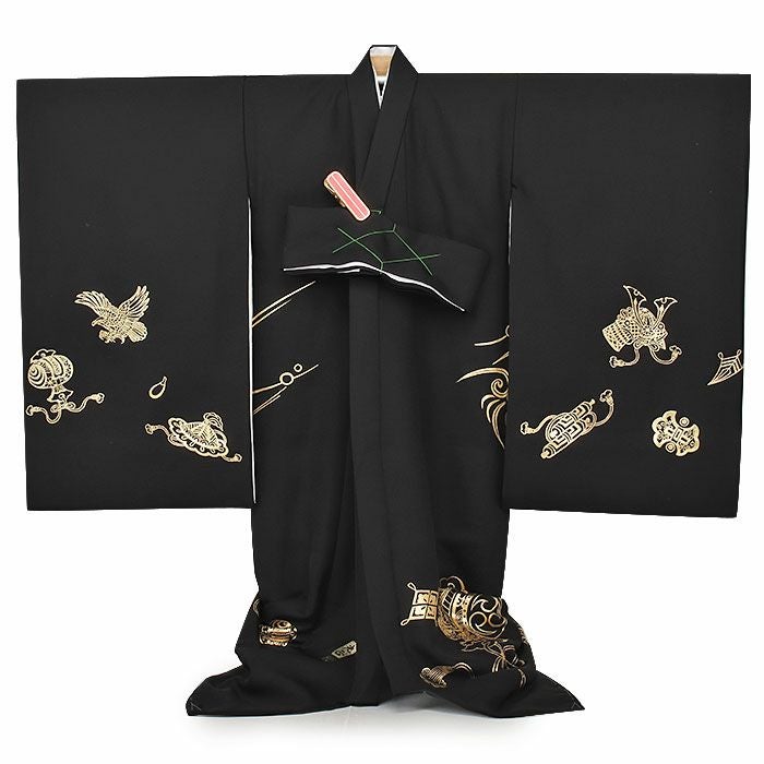 お宮参り 着物 男の子 産着 祝い着 黒 金 鷹 富士山 小槌 宝尽くし