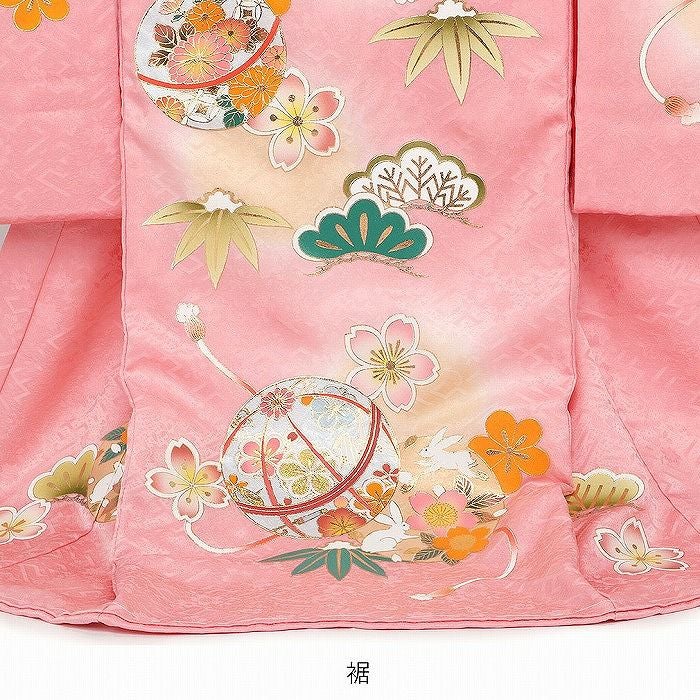 お宮参り 着物 女の子 産着 祝い着 桃 薄橙 金 鞠 うさぎ 兎 小槌
