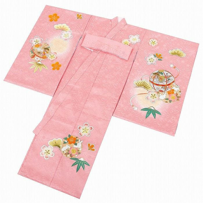 お宮参り 着物 女の子 産着 祝い着 桃 薄橙 金 鞠 うさぎ 兎 小槌