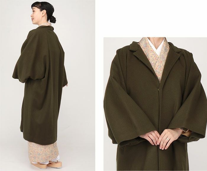 着物コート和装用全3色フリーサイズニュアンスカラーコートキステオリジナルカシミヤ混ウールコート日本製着物用きものコートブラック濃グレーオリーブ和装コート着物用スタンドカラー立衿立ち襟防寒あったか冷え取りに秋冬