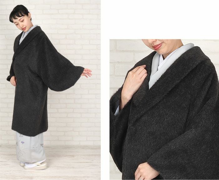 着物コート和装用全3色フリーサイズスーリーアルパカアルパカウールコート日本製着物用きものコートライトグレーダークグレーブラック和装コート着物用ロングへちま衿ラウンドカラーラグランスリーブ軽いやわらか防寒あったか冷え取りに秋冬