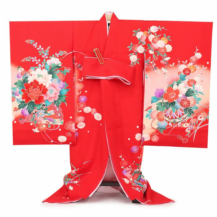 お宮参り 着物 女の子 産着 祝い着 赤 桃 薄橙 牡丹 扇 桜 蝶 鹿の子