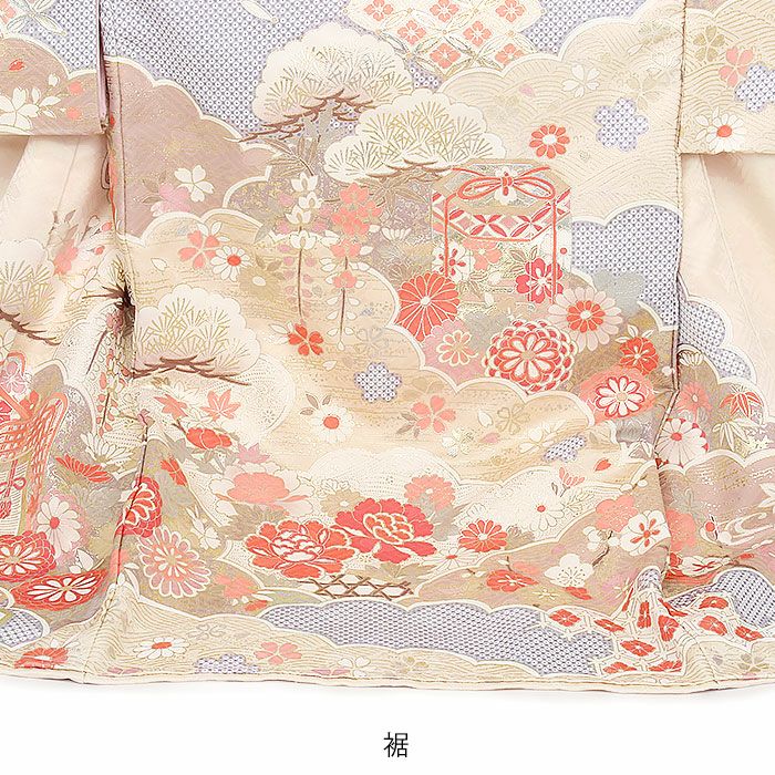 お宮参り 着物 女の子 産着 祝い着 薄橙 桃 藤色 鞠 牡丹 御所車