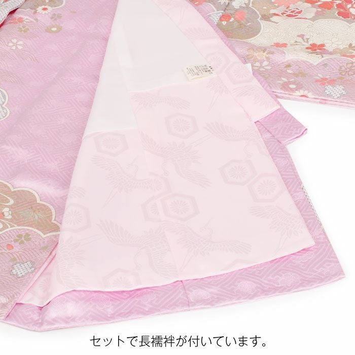 お宮参り着物女の子産着薄紫桃橙鞠牡丹御所車松竹梅貝桶吉祥花正絹友禅済産業大臣指定伝統的工芸品金駒刺繍金銀彩箔使い新品販売購入きもの祝い着のしめ掛け着初着祝着一つ身服装赤ちゃんベビー毬まりマリパープルコーラルオレンジ