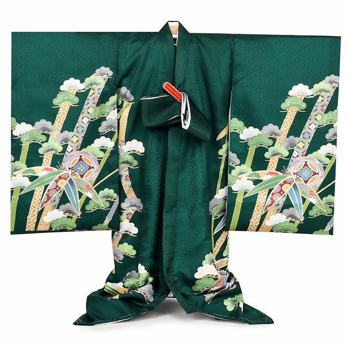 お宮参り 着物 男の子 産着 祝い着 緑 金 鷹 松竹梅 小槌 宝尽くし