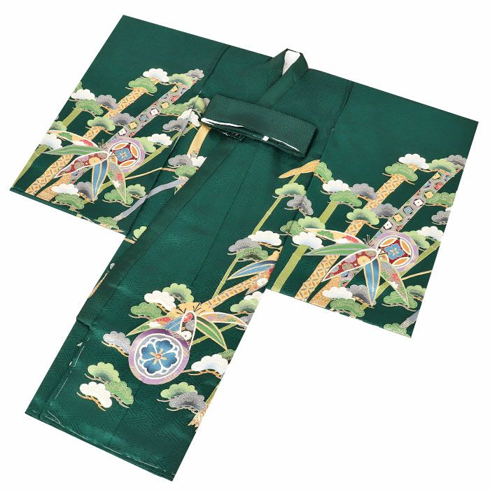 新品「即決価格」正絹産着祝着京友禅豪華刺繍、金彩仕様、特選大鷹と祝色紙宝小槌文 お宮参り 着物 男の子 産着 祝い着 緑 金 鷹 松竹梅 小槌 宝尽くし