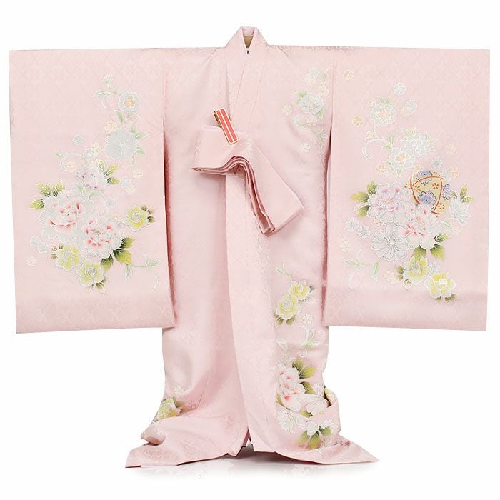 女の子　お宮参り　産着　晴れ着　着物　白　ピンク　花籠　手毬 お宮参り 着物 女の子 産着 祝い着 桃 白 牡丹 貝桶 鞠 桜 梅 薔薇
