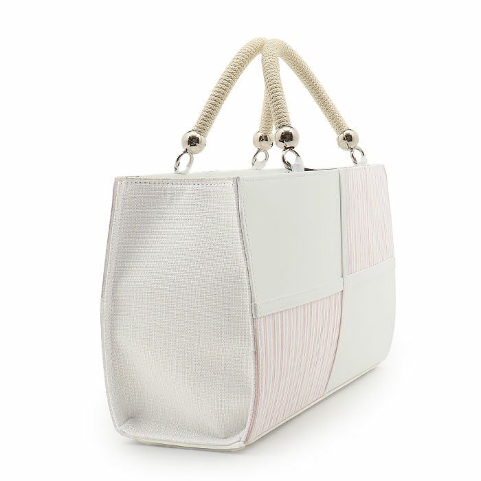 バッグお洒落バッグ着物和装レディース単品カジュアル用春夏彩小径白ピンク青水色小千谷縮麻合皮軽い日本製内フラップベロ付きマグネット付きかばん大きめ大容量お茶席茶会普段カジュアルトートバックストライプバッグ春夏用浴衣fs