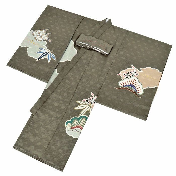 お宮参り着物男の子産着濃松葉宝尽くし松竹梅吉祥紋正絹友禅手書き友禅銀通し金駒刺繍手刺繍金彩箔づかい新品日本製販売購入きもの祝い着のしめ掛け着初着祝着一つ身服装赤ちゃんベビー贈答プレゼント御祝いカーキグリーンfs