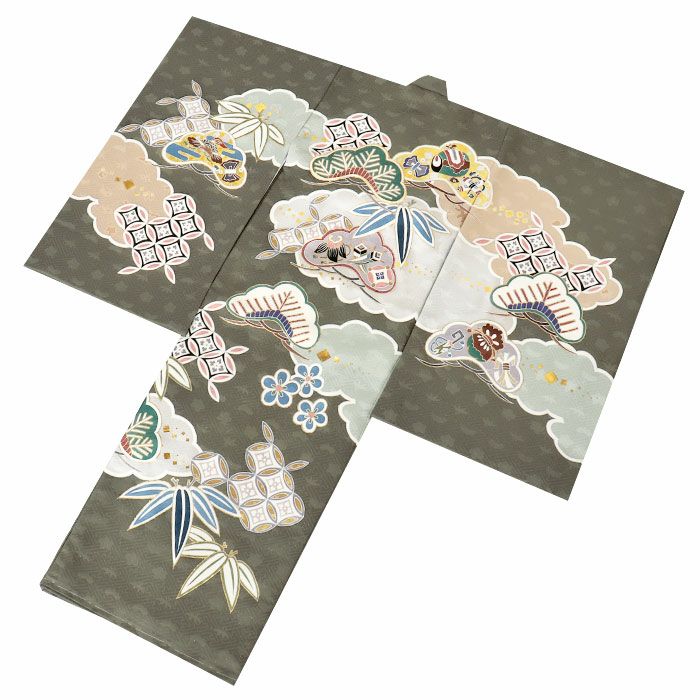 お宮参り着物男の子産着濃松葉宝尽くし松竹梅吉祥紋正絹友禅手書き友禅銀通し金駒刺繍手刺繍金彩箔づかい新品日本製販売購入きもの祝い着のしめ掛け着初着祝着一つ身服装赤ちゃんベビー贈答プレゼント御祝いカーキグリーンfs