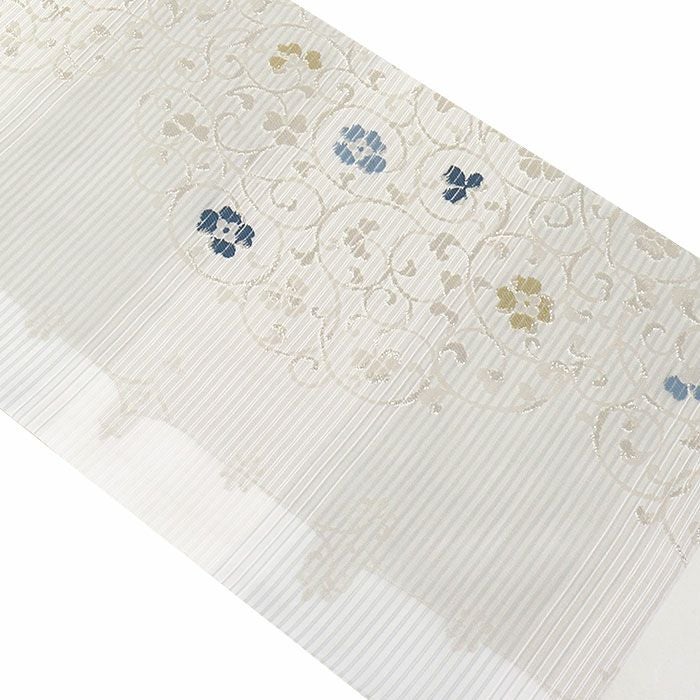 名古屋帯 夏 夏名古屋帯 夏帯 薄グレージュ 白 水色 縞 花唐草 絽 廣部