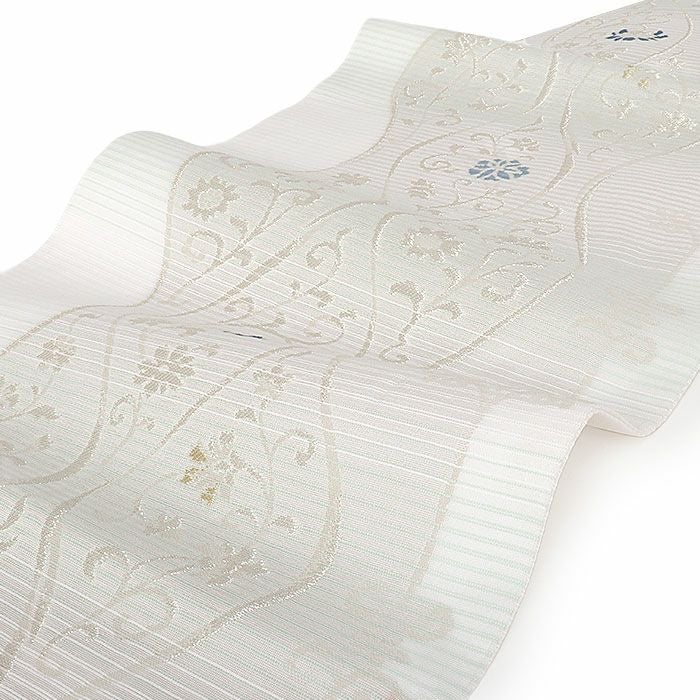 名古屋帯 夏 夏名古屋帯 夏帯 白 緑 グレージュ 縞 立涌 唐花 絽 廣部
