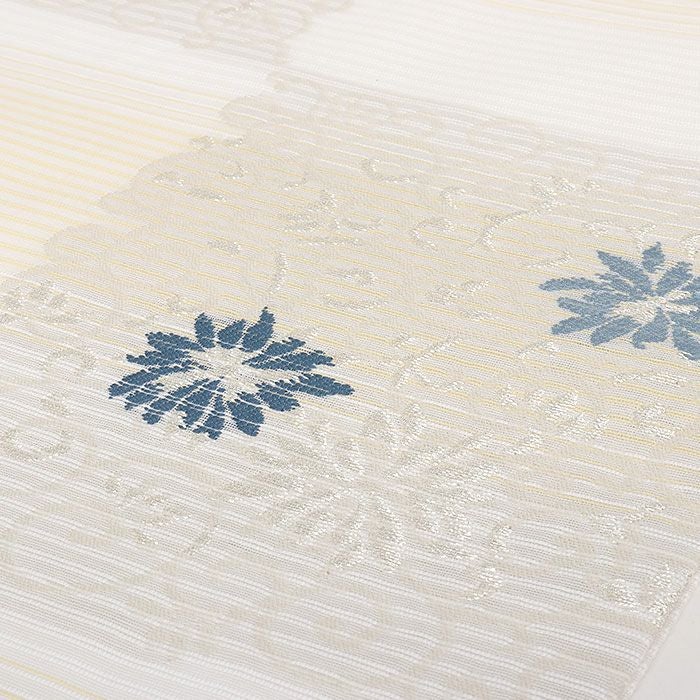 名古屋帯 夏 夏名古屋帯 夏帯 白 黄 薄グレージュ 縞 市松 花唐草 絽