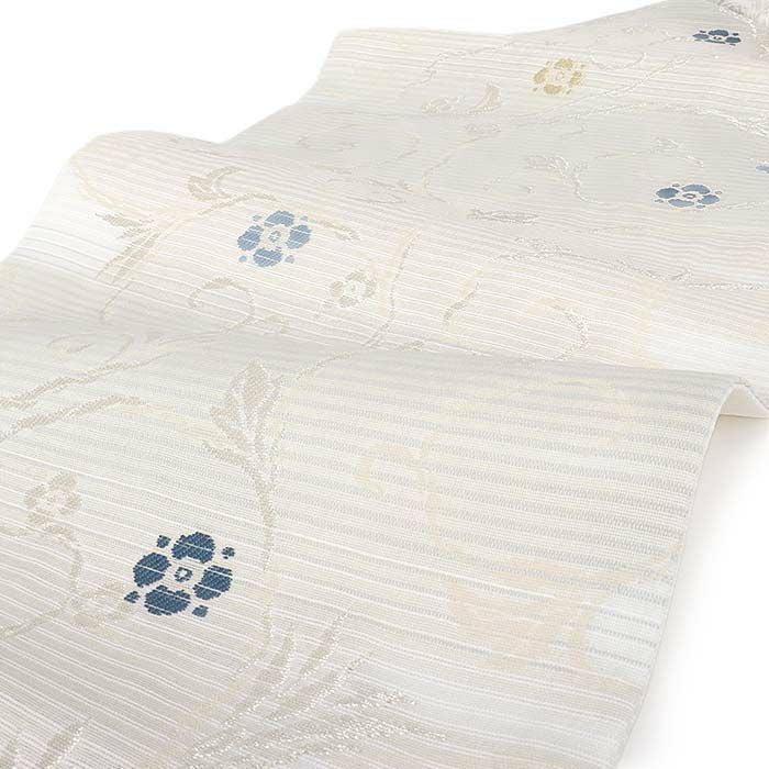 名古屋帯 夏 夏名古屋帯 夏帯 薄ベージュ 白 薄グレー 縞 蔓花 絽 廣部