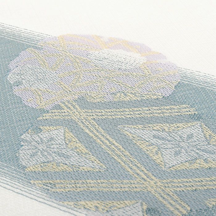 名古屋帯 夏 夏名古屋帯 夏帯 白 薄青 縞 丸紋 西陣織 三幸織物 普段用