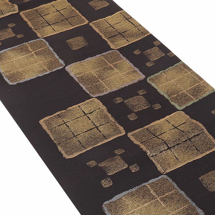 名古屋帯 抽象模様 紬 利休茶色 O-4600 夏物 名古屋帯 九寸 紬 絽 手染め こげ茶 菱文様 縞 カジュアル
