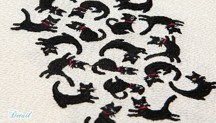 おしゃれ刺繍半衿『猫づくし』 ホワイト アイボリー 白 黒 和装・着物
