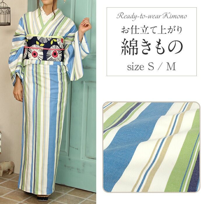綿着物 単衣 お仕立上り 小紋 S M 綿 ストライプ柄 単品 日本製 きもの