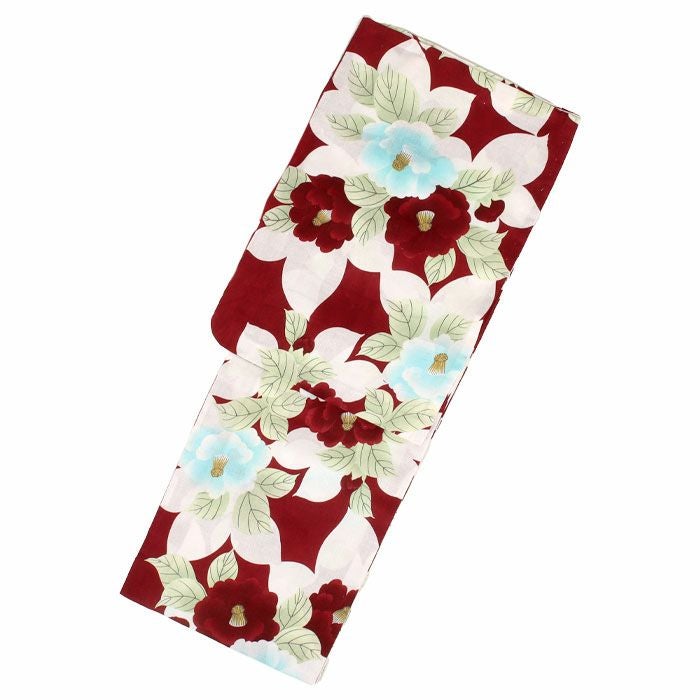 浴衣 単品 女性用＜エンジ／椿＞綿麻混浴衣