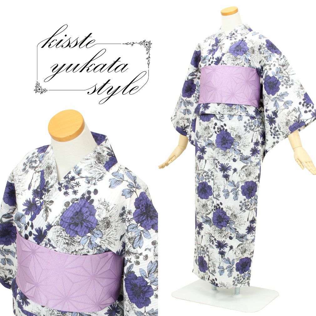 浴衣 単品 《ViVi Vintage》お仕立て上がり浴衣 ＜白・青紫