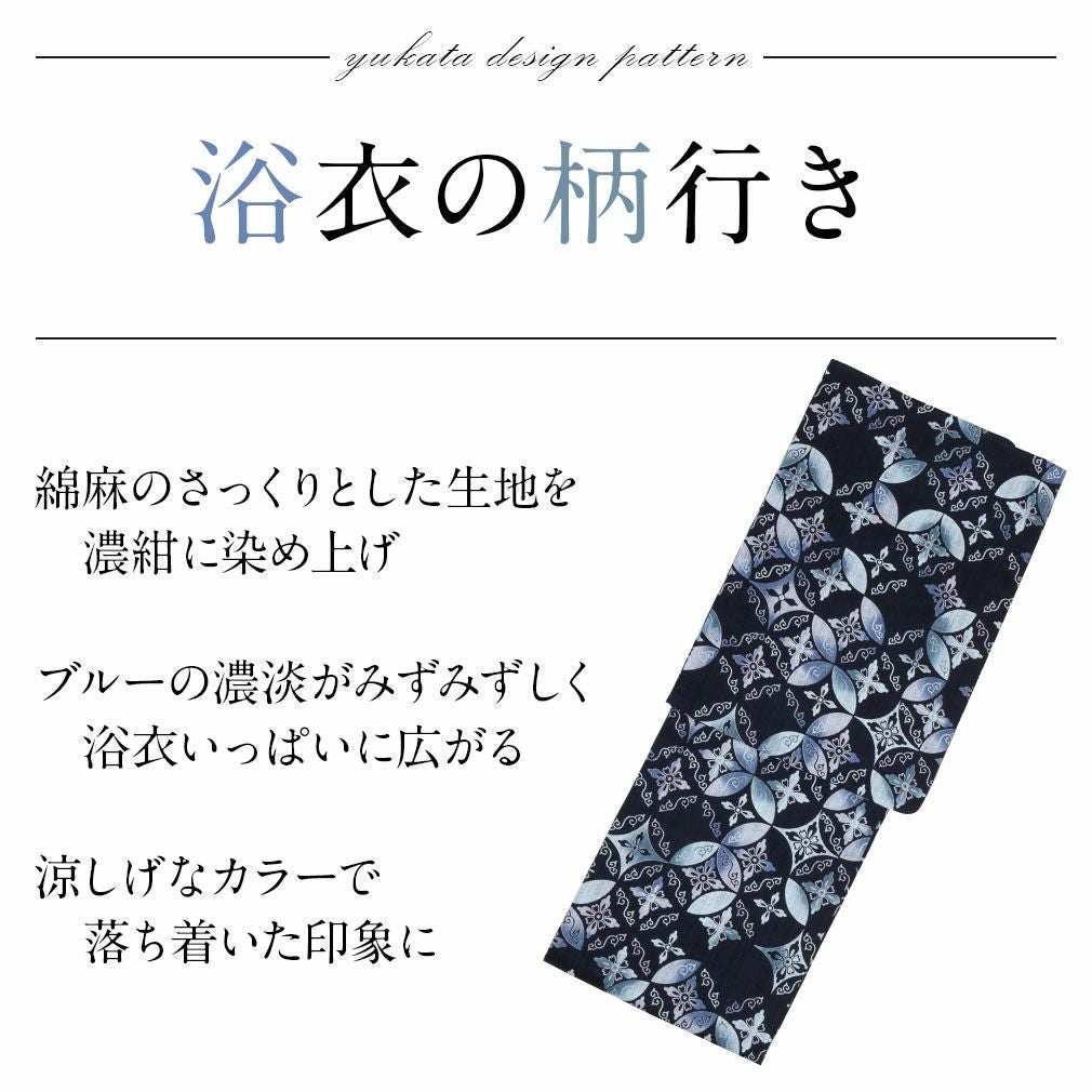 龍村美術　綿麻浴衣生地　原反 浴衣 単品 《龍村美術きもの》お仕立て上がり浴衣 ＜紺／はな七宝＞ 綿