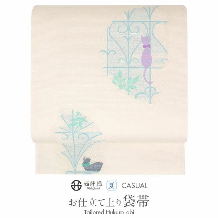 夏帯 袋帯 ＜オフホワイト＆ピンク系／流水花＞ 正絹 絽 綴れ 仕立て上がり
