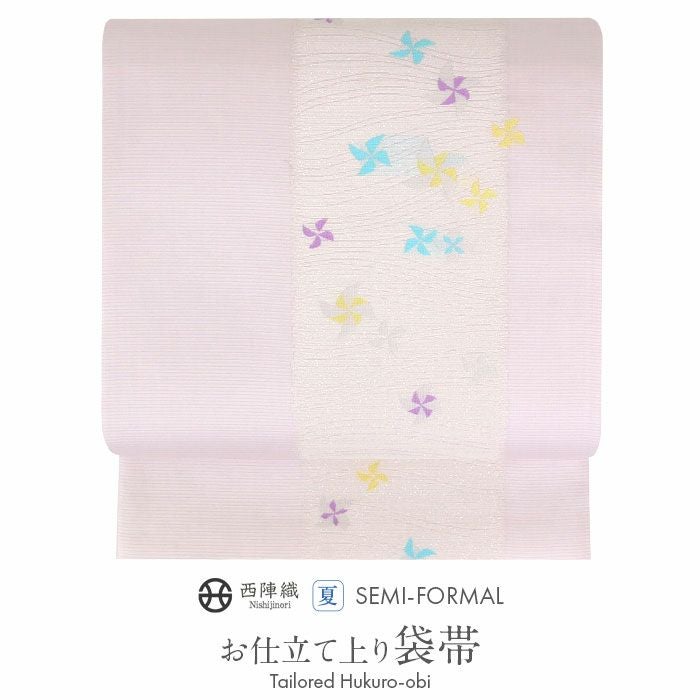 夏帯 袋帯 ＜オフホワイト＆ピンク系／流水花＞ 正絹 絽 綴れ 仕立て上がり