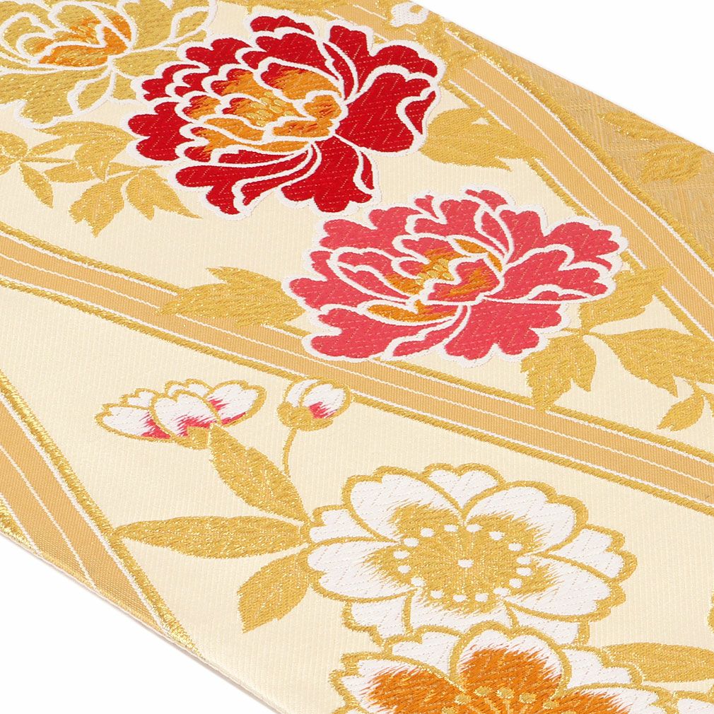 袋帯　振袖の帯　辛子色　花柄　牡丹　渋い 振袖 帯「オレンジゴールド 花七宝」日本製 未仕立て 六通柄 振袖用