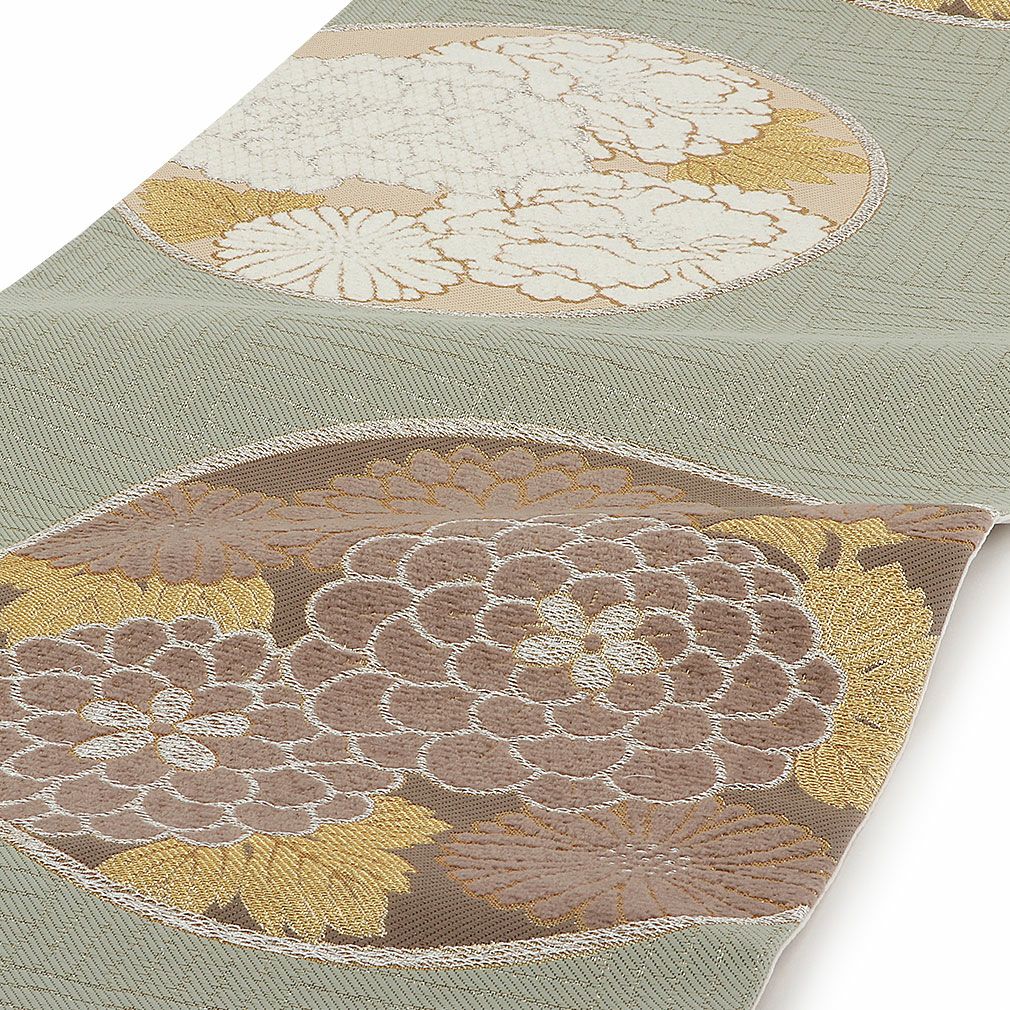 緑 草花 梅 牡丹 金糸 刺繍   お振袖 袋帯 楽天市場】【新品】 振袖 袷 着物 正絹 絹 刺繍 水色 扇 四季の花 牡丹