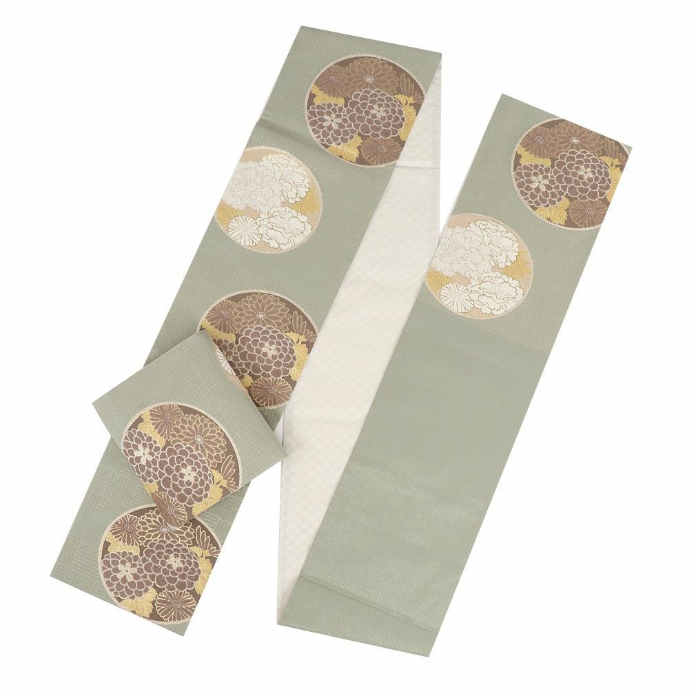 緑 草花 梅 牡丹 金糸 刺繍   お振袖 袋帯 すごい値！袋帯 振袖用 京都 西陣 正絹 赤 金 紫 緑 桜 金糸 金箔糸 六