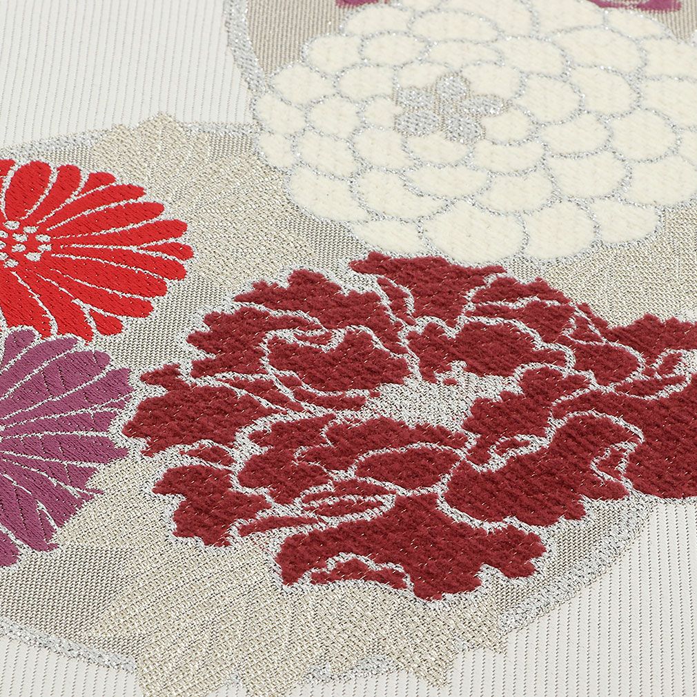 袋帯 振袖用 帯 成人式 ＜ シルバー ／波に花丸紋 ＞ 西陣織 ＜ 華翔苑