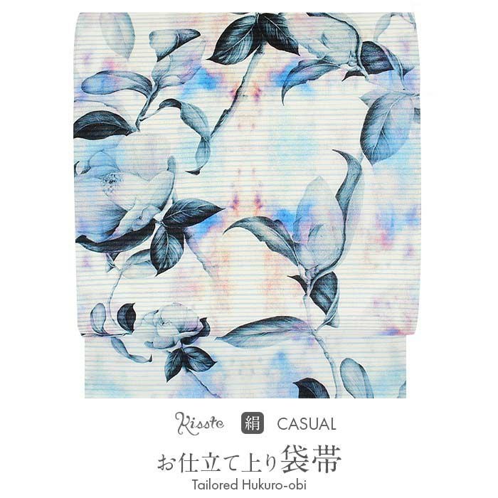 お仕立て付き【古代染色純植物染 琉球藍更紗◆ 大島紬袋帯】単衣・夏着物・袷に 夏袋帯 袋帯 夏帯 カジュアル 水色 白 椿 つばき 本場 大島紬 琉球藍