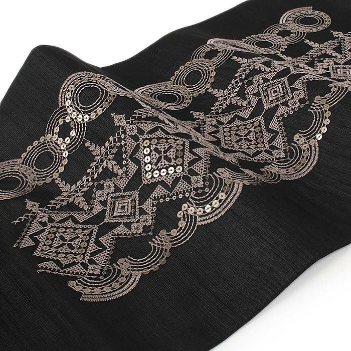 名古屋帯 夏 夏名古屋帯 夏帯 黒 サークル レース柄 刺繍 スパンコール