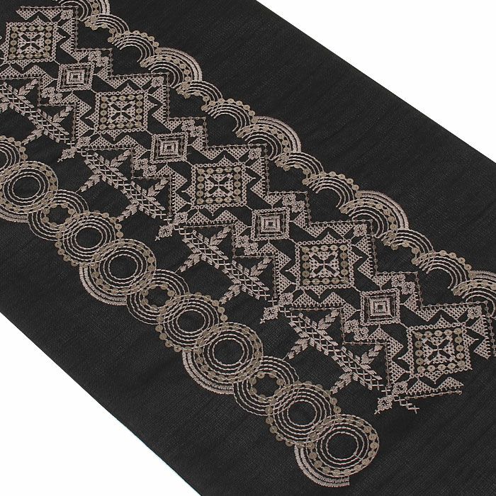 名古屋帯 夏 夏名古屋帯 夏帯 黒 サークル レース柄 刺繍 スパンコール