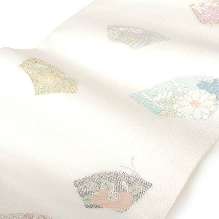 名古屋帯 夏 夏名古屋帯 夏帯 白 アイボリー 地紙文 華紋 西陣織 沢本