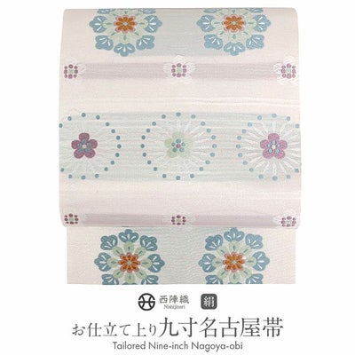 名古屋帯 帯 九寸 ＜ 白 ／ 縞に華紋 ＞ 西陣織 ＜ 加島織元 ＞ 仕立て 