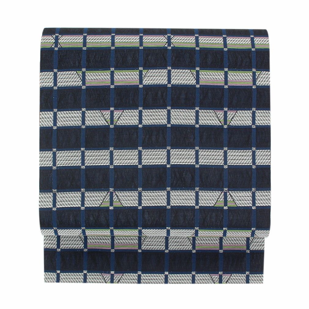新品　西陣織八寸名古屋帯　切子模様【仕立付き】⑨ 名古屋帯 帯 九寸 ＜紺／格子＞ 西陣織 ＜華翔苑 藤本仁＞ 仕立て