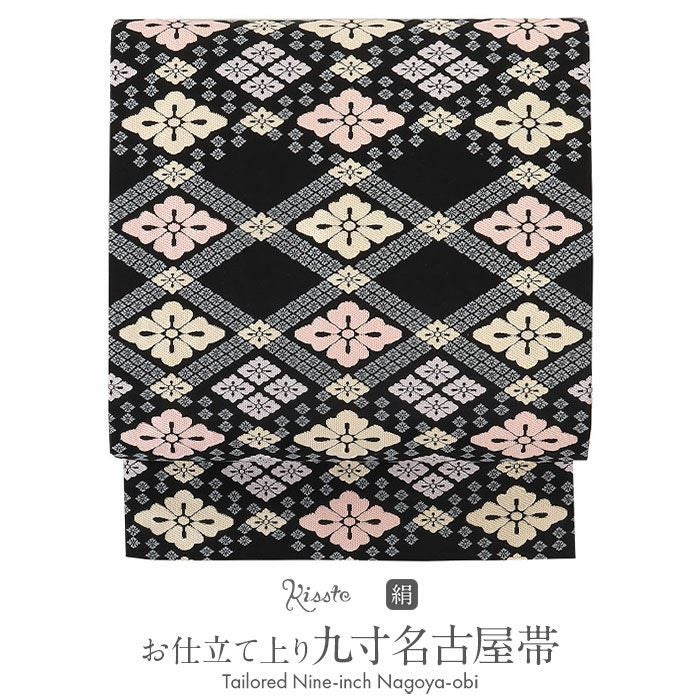 モダンな装いにも　上品な光沢を楽しむ　西陣名古屋帯 名古屋帯 茶 黒 モザイク 西陣織 沢本 普段用 九寸 仕立て上がり 絹 未