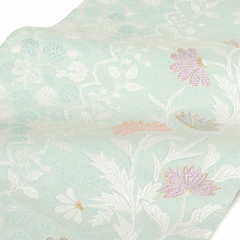 名古屋帯水色九寸帯唐花小花西陣織弥栄織物お仕立て上がり6通柄正絹