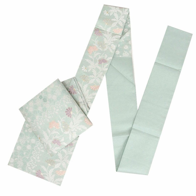 名古屋帯水色九寸帯唐花小花西陣織弥栄織物お仕立て上がり6通柄正絹