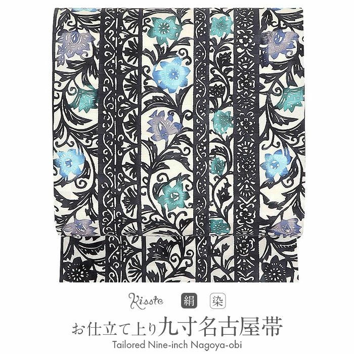 正絹　夏用紬地名古屋帯の作り帯 葉模様 名古屋帯 帯 ＜ 蔓花唐草 ＞ 大島紬