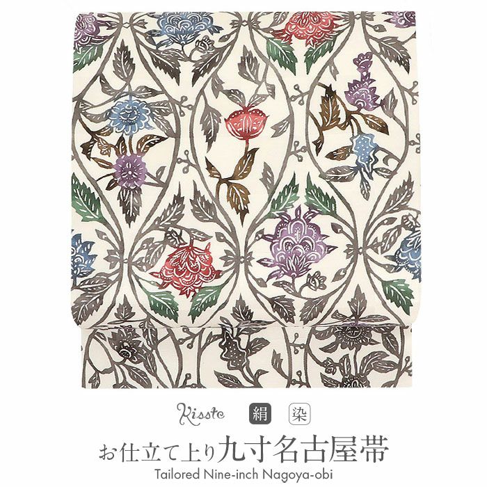 美品✨️【縮緬】九寸名古屋帯 花柄 朱色 レトロモダン 昭和レトロ アンティーク リサイクル名古屋帯 九寸名古屋帯 逸品 朱 水引 Mサイズ 洒落着物