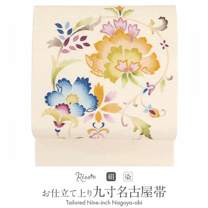 早い者勝ち❣️正絹名古屋帯　No.181 名古屋帯 生成り 九寸 帯 ＜更紗＞ タッサーシルク 正絹 純絹織物