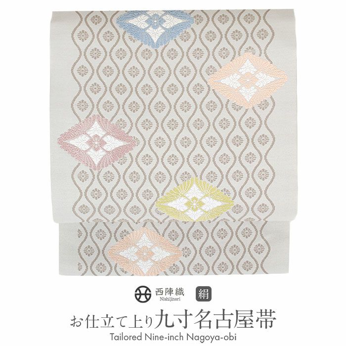 西陣　佐々木染織謹製　九寸名古屋帯　唐織　花菱文　新品未使用 名古屋帯 夏帯 夏名古屋帯 白 銀 花菱 絽 西陣織 佐々木染織 普段用 九