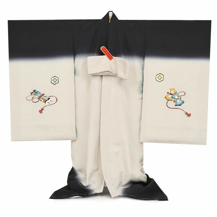 お宮参り 着物 男の子 産着 祝い着 黒 白練 兜 小槌 松 小槌 巻物
