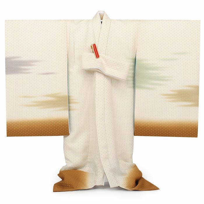 万祝い着 お宮参り 着物 男の子 産着 祝い着 生成り 黄土 霞 かすみ 雲 菱 吉祥