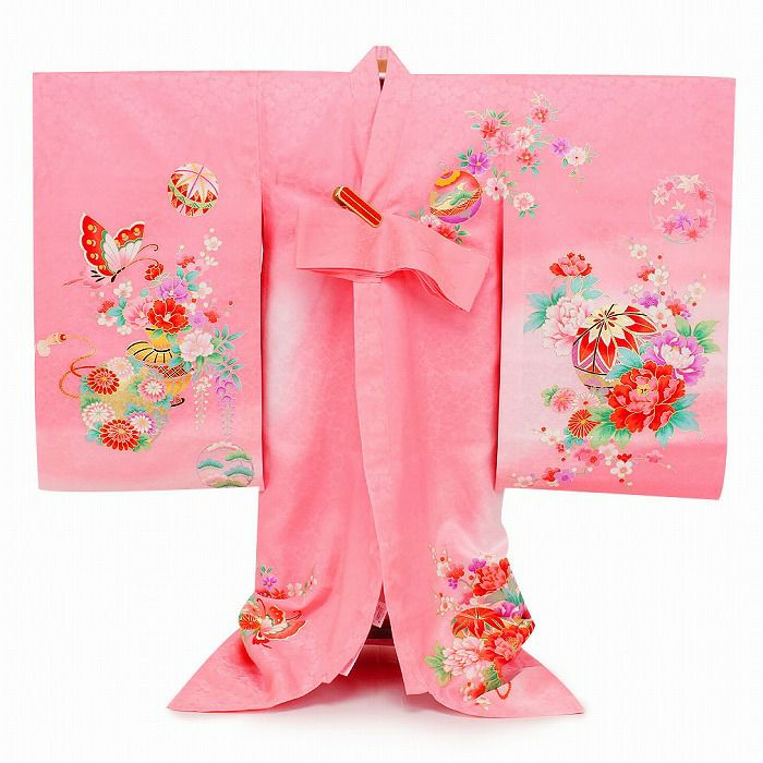お宮参り 着物 女の子 産着 祝い着 桃 牡丹 花籠 鞠 菊 正絹 友禅 金彩