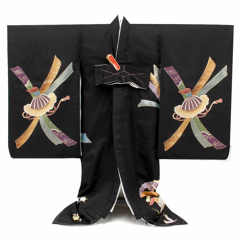 お宮参り 着物 男の子 産着 祝い着 黒 束ね熨斗 軍配 小槌 刺繍 金駒