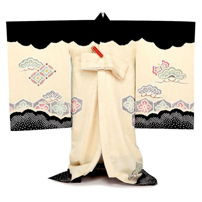 お宮参り 着物 男の子 産着 祝い着 黒 クリーム 鷹 宝尽くし松 絞り 本